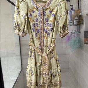 Yellow Puff Sleeve Sundress with Crew Neck